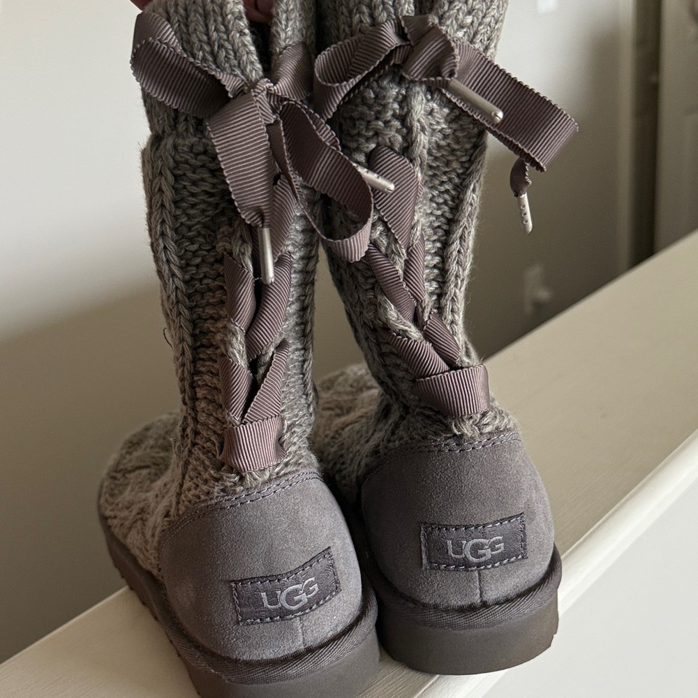 UGG Charcoal Knit Boots with Bow Accents